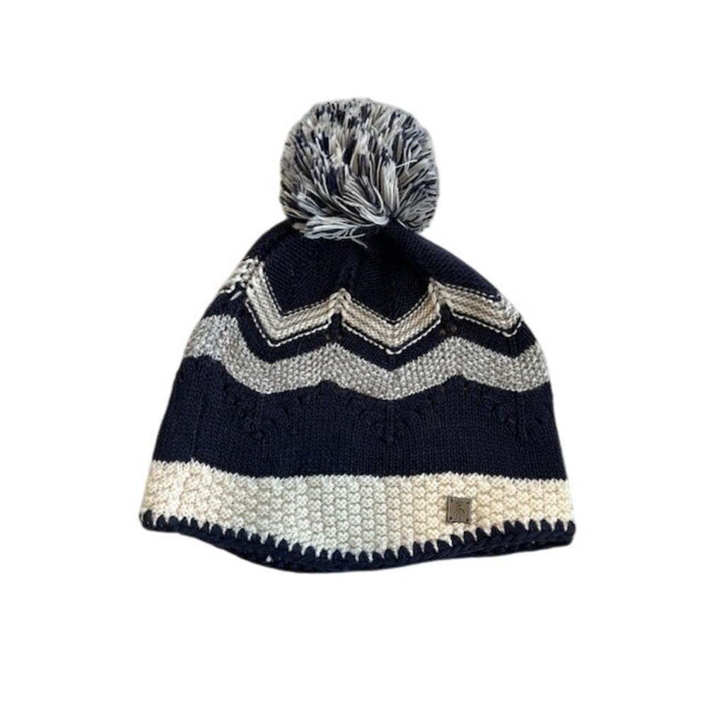 Smartwool Womens Knit Beanie Hat With Pom Navy White Grey Chevron‎ Zig Zag